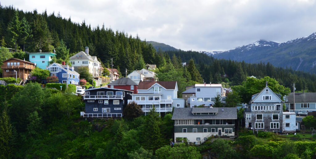 Houses sit high on a ridge overlooking the waterfront in Ketchikan