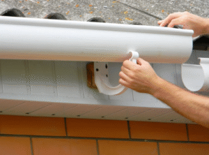 Hands reaching into a roof gutter.