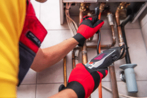 Gloved worker servicing array of copper pipes.