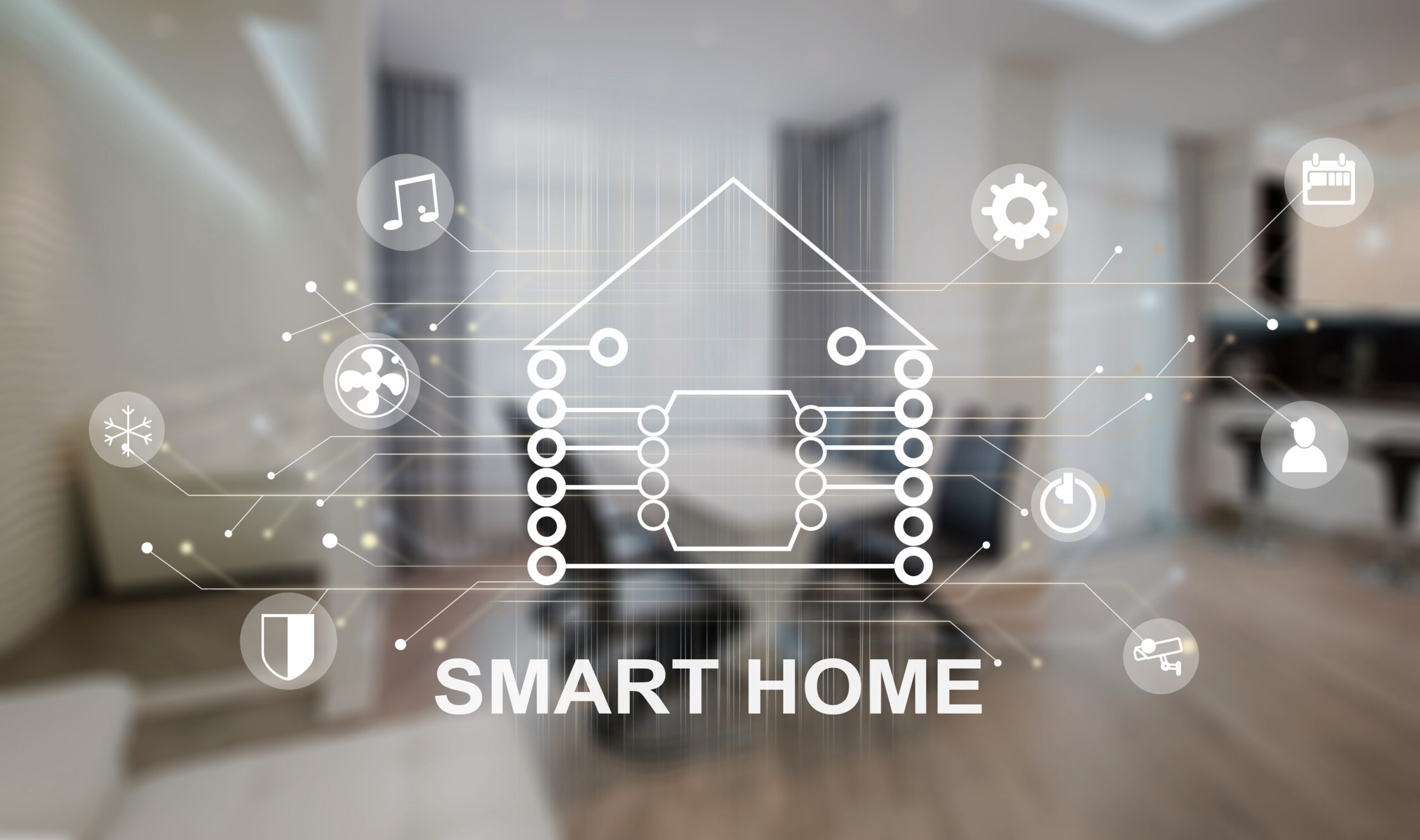 A blurry dining room interior and smart home icon on imaginary screen in the foreground
