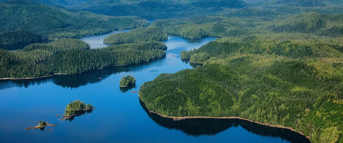 An Arial view of the Ocean and mountains over southeast Alaska
