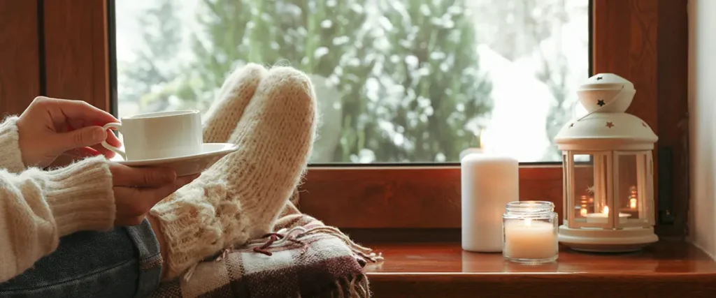 A well staged cozy environment with fuzzy socks, a cup, and candles around a window showing a snowy forest